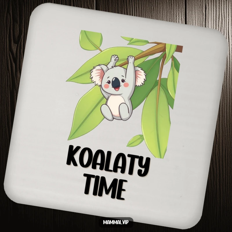 Funny drink coasters with a cheerful koala hanging upside down from a large eucalyptus leaf, adding cute humor.