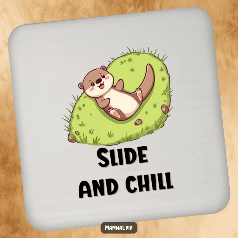 Funny Coaster: Cheerful otter character joyfully sliding down a grassy hill.