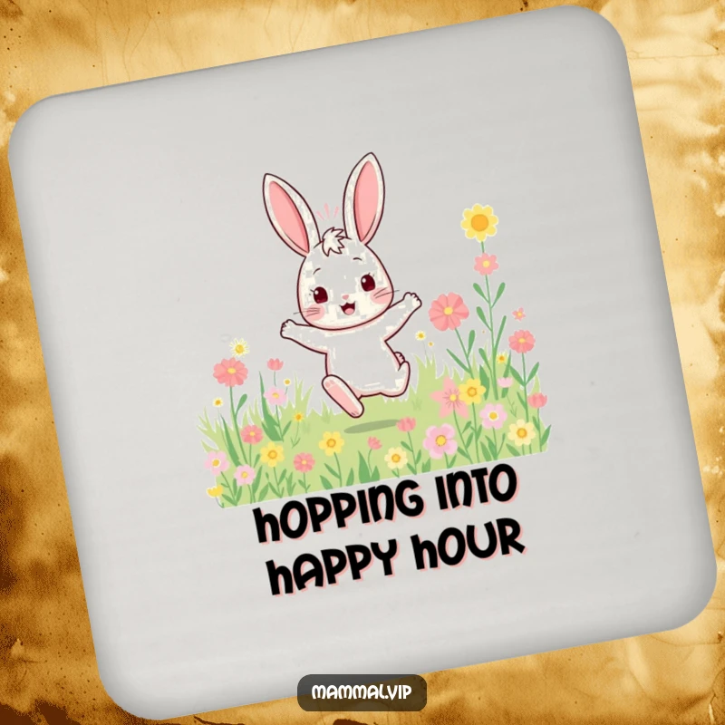 Funny bouncy rabbit coaster with a character enthusiastically hopping through a flower field, protecting surfaces with cheerful humor.