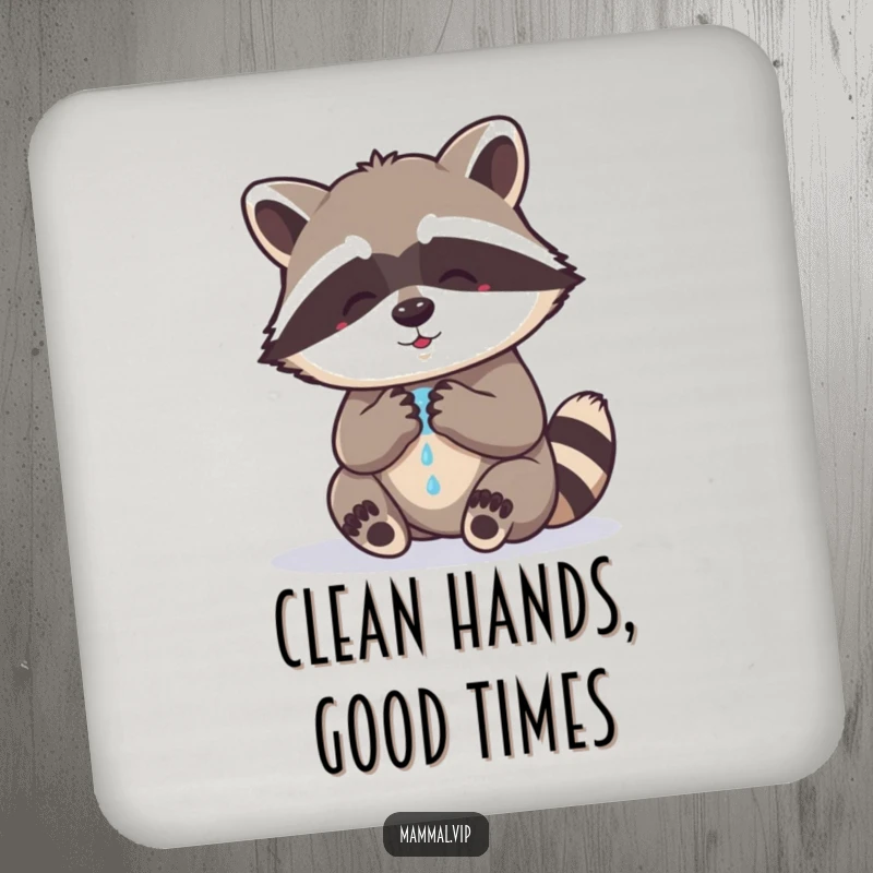 Funny raccoon drink coaster showing a cute raccoon character diligently washing its paws, adding a humorous and protective touch to any surface.