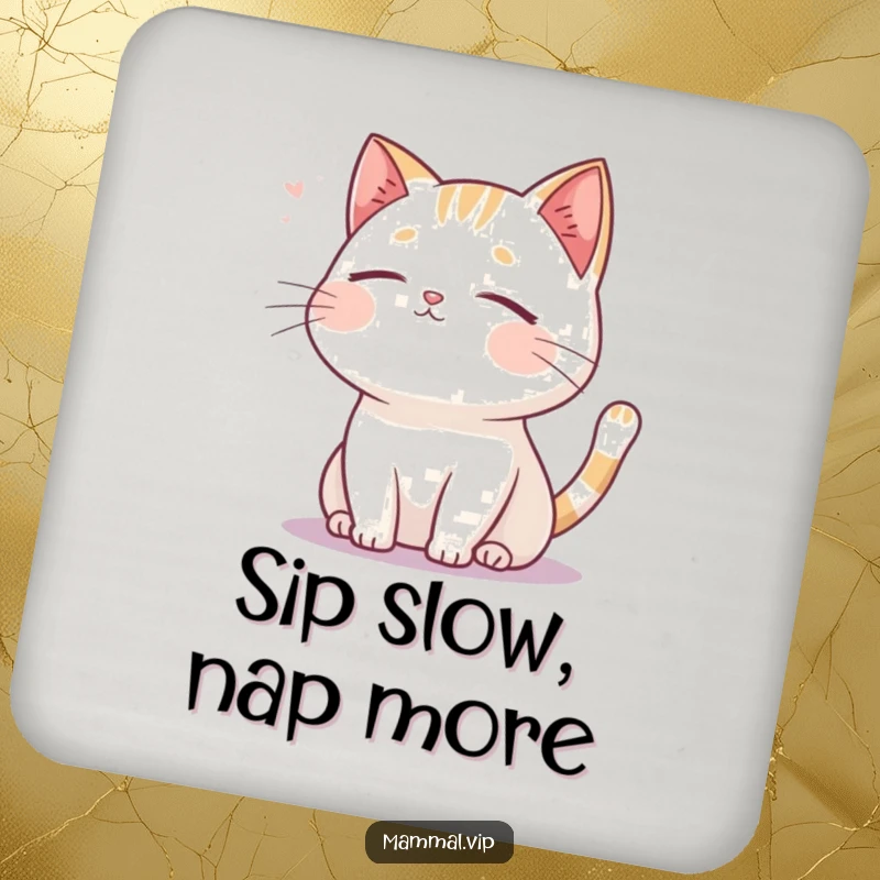 Funny cat coaster, a serene cartoon cat with closed eyes, blissfully enjoying a gentle breeze, perfect for tabletops.