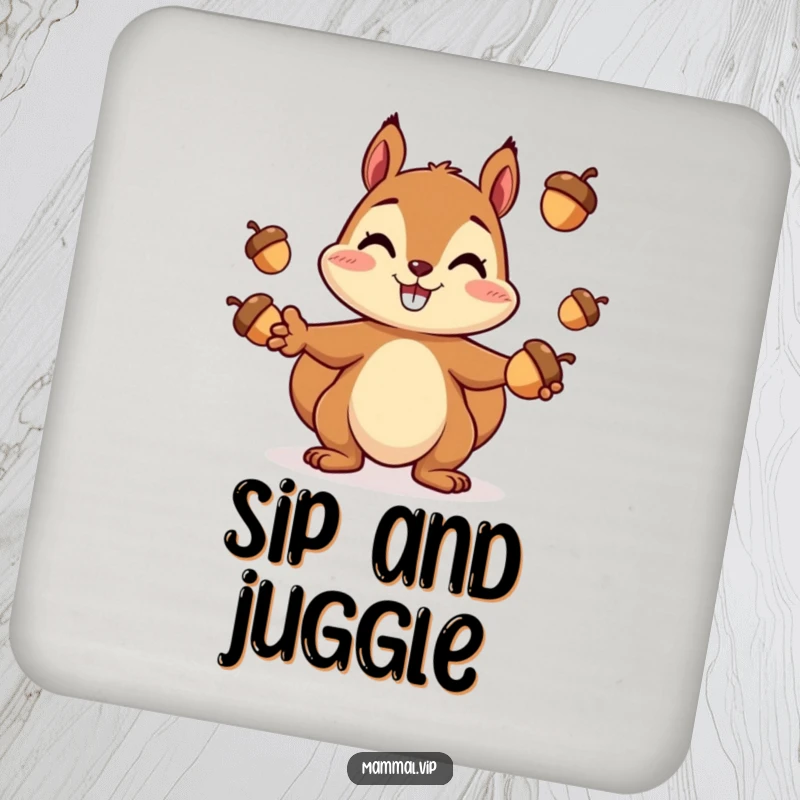 Funny Squirrel Coaster: A cheerful squirrel character juggling acorns, offering fun and protective table decor.