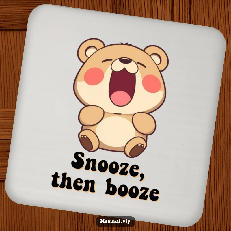 Funny yawning bear drink coaster, a coaster featuring a sleepy yawning bear, protecting surfaces with humor.