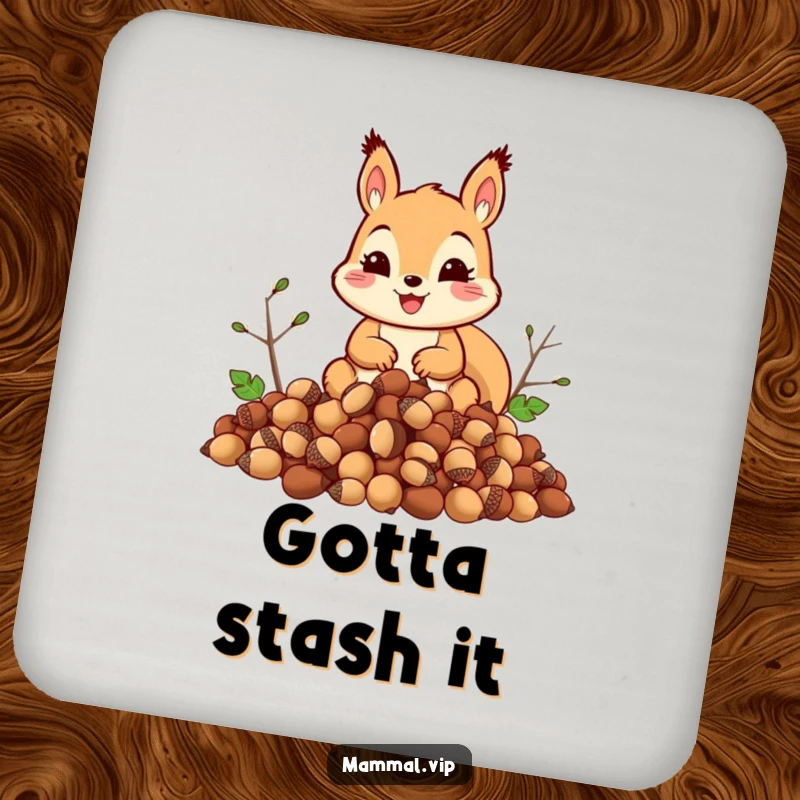 Funny squirrel coaster showing a happy squirrel with a mountain of acorns, providing funny protection for tabletops.
