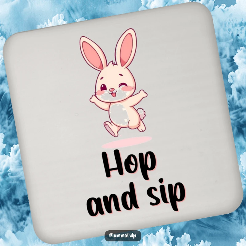 Funny bunny character playfully hopping with energy, serving as a humorous and protective coaster.