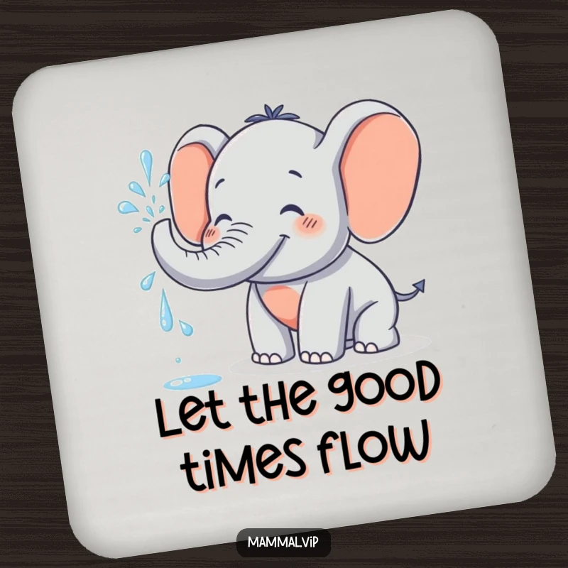 Funny Coaster with a grinning elephant character spraying water, a practical and humorous addition to any coffee table or bar.