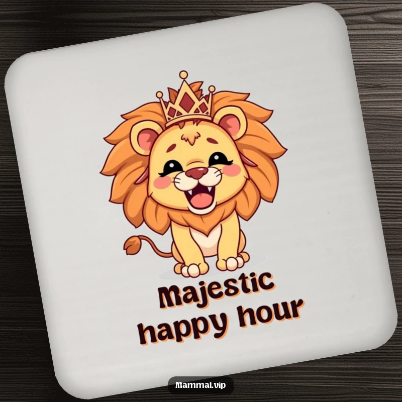 Funny coaster featuring a proud lion character wearing a tiny tiara and roaring, protecting tables with regal humor.