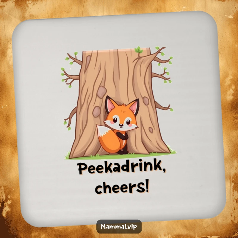 Funny fox kit coaster with a curious character peeking from behind an oak tree, protecting surfaces with woodland humor.