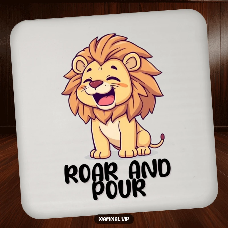 Funny Lion Coaster: A proud lion roars with joy, its mane tossed, perfect for protecting surfaces with majestic charm.