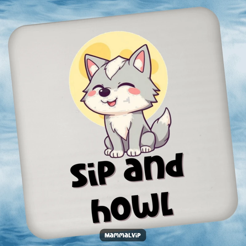 Funny drink coaster with a winking wolf howling at the moon, offering protection and a touch of nocturnal humor to any surface.