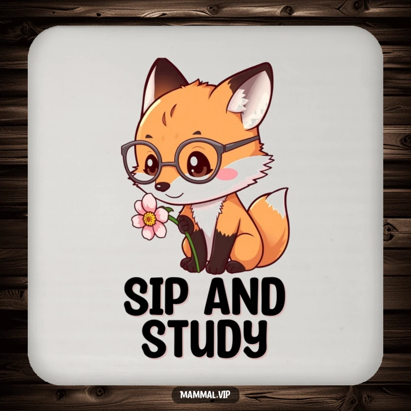 Funny fox with spectacles observing a flower, printed on a drink coaster. A clever and funny gift.