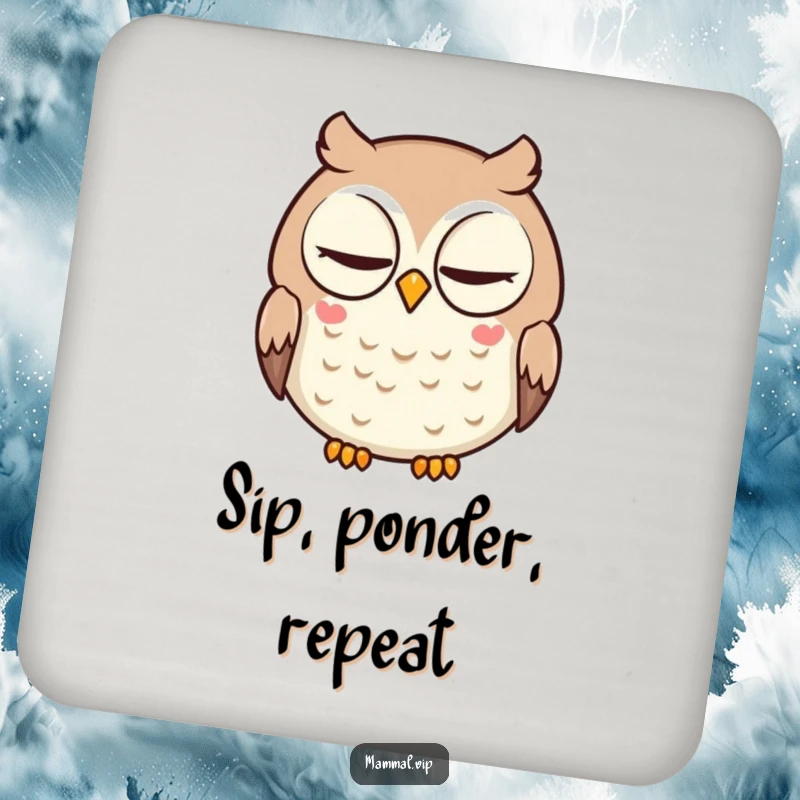 Funny drink coaster featuring a round, intelligent cartoon owl character giving a slow blink.