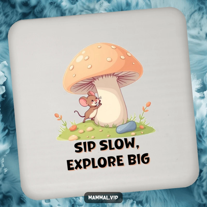 Funny tiny mouse coaster with a character excitedly exploring a giant mushroom, protecting surfaces with whimsical humor.