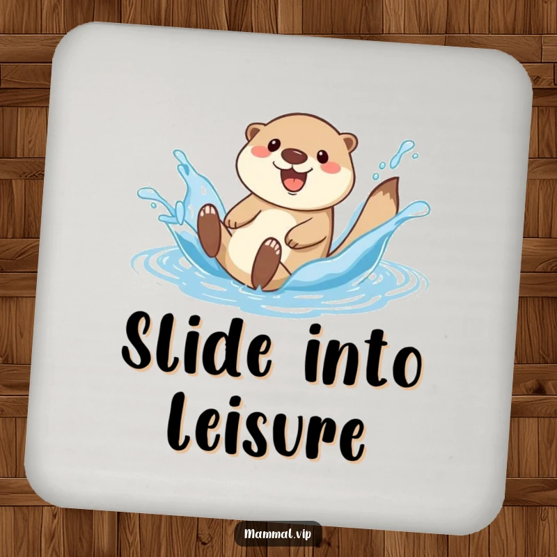 Funny happy otter character on a drink coaster, sliding down a water splash, adding playful charm.