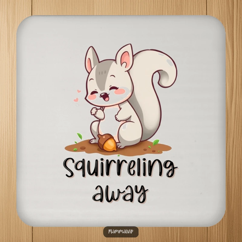 Funny squirrel drink coaster with a chattering character burying an acorn, providing surface protection with a humorous woodland touch.