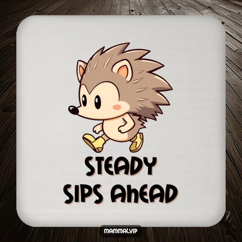 Funny Hedgehog Coaster: A determined hedgehog character marching with tiny boots, offering motivational table protection.