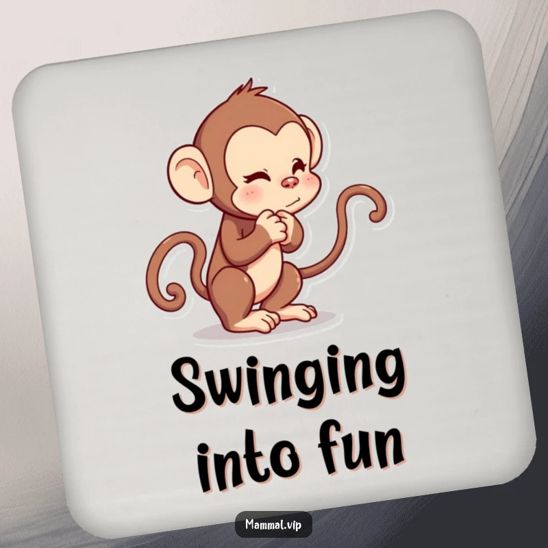 Funny drink coaster featuring a curious cartoon monkey playfully tugging its own tail. A humorous table protector.