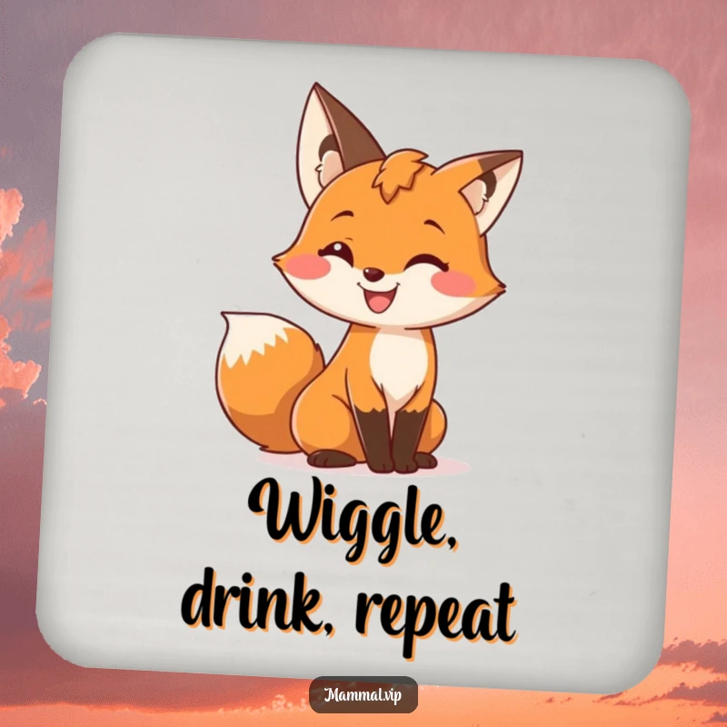 Funny coaster featuring a cute fox character with a wide grin, wiggling its bushy tail, a humorous and charming accessory for drinks.