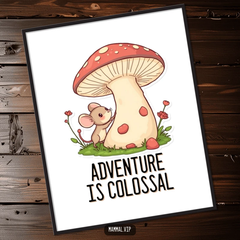 Funny poster featuring a tiny mouse character excitedly exploring a giant mushroom, creating a whimsical and enchanting scene.