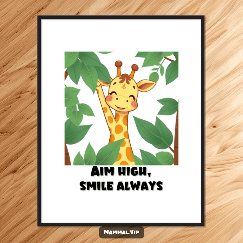 Funny Poster showcasing a joyful giraffe character smiling as it reaches for high leaves, creating a dynamic and humorous focal point for any space.
