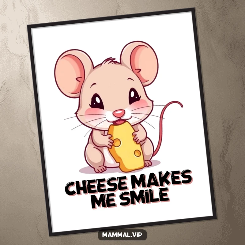 Funny poster of a mouse character busily nibbling on a piece of cheese. Humorous animal wall art.