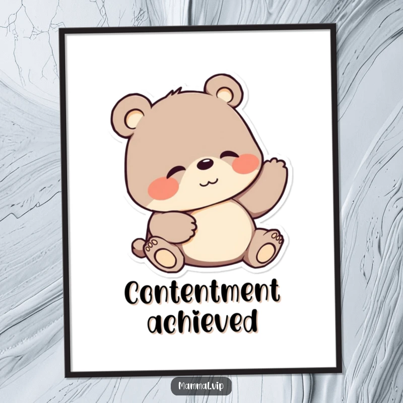 Funny poster of a cartoon bear happily scratching its belly, showcasing a moment of pure, blissful contentment.