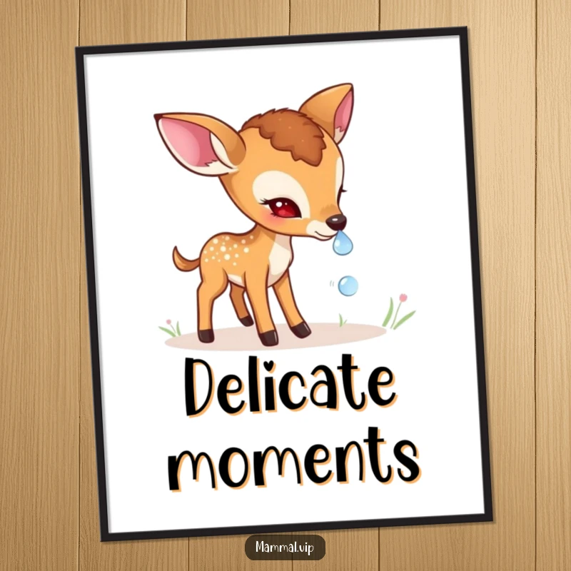 Funny shy deer fawn poster art featuring a gentle character cautiously sniffing a dewdrop, evoking a peaceful and natural aesthetic.