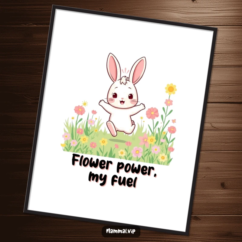 Funny bouncy rabbit poster featuring a character enthusiastically hopping through a field of flowers, bringing vibrant energy to any wall.