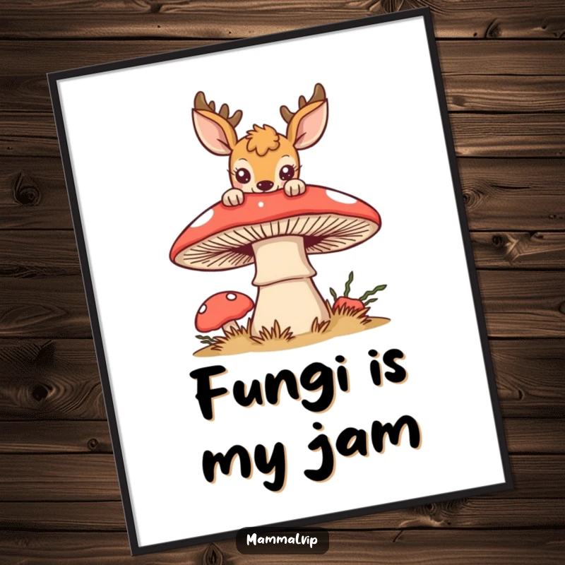 Funny deer poster featuring a curious deer peering over a large, stylized mushroom, evoking a sense of magical discovery.