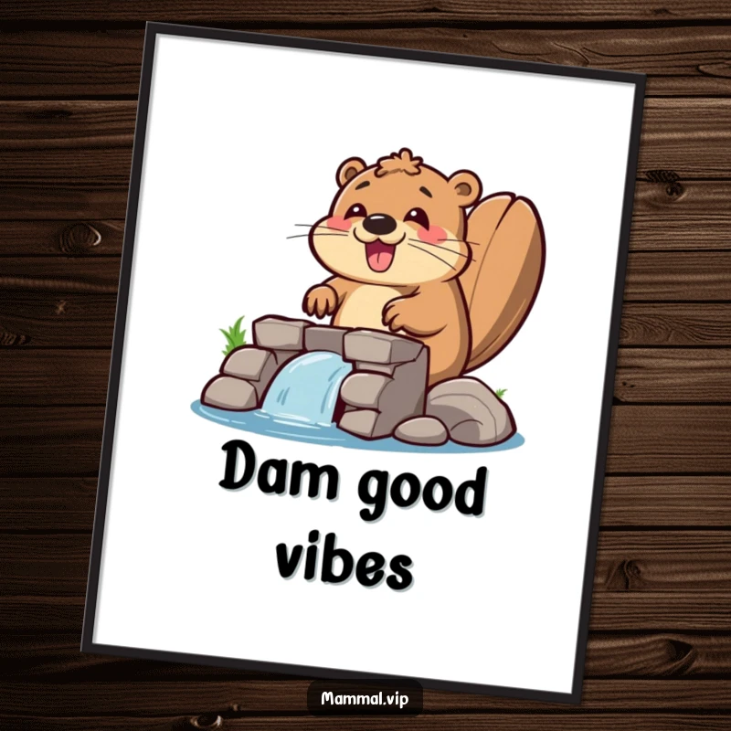 Funny beaver poster displaying a happy beaver energetically constructing a dam, bringing industrious and cheerful vibes to walls.