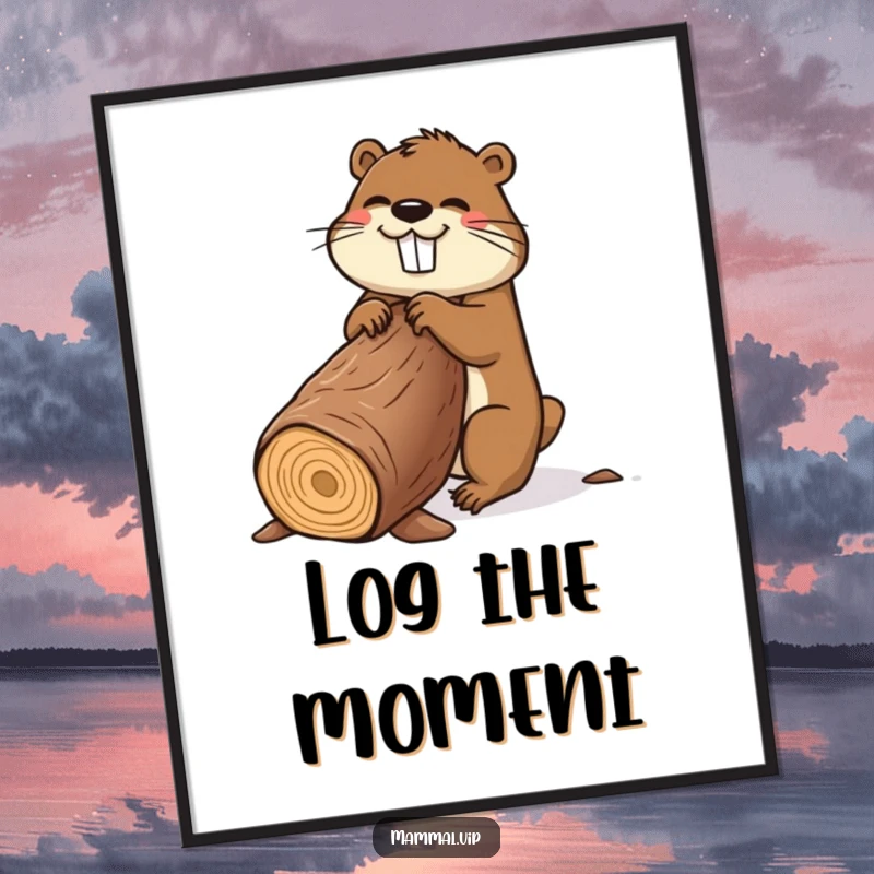 Funny beaver poster showcasing a cheerful cartoon beaver enthusiastically gnawing a comically large log, perfect wall art.