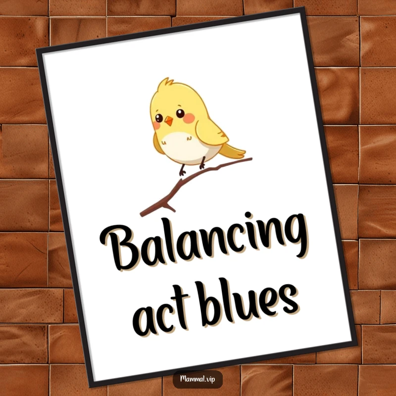 Funny poster featuring a chirpy bird character balancing on a single skinny branch, bringing gentle nature humor to decor.