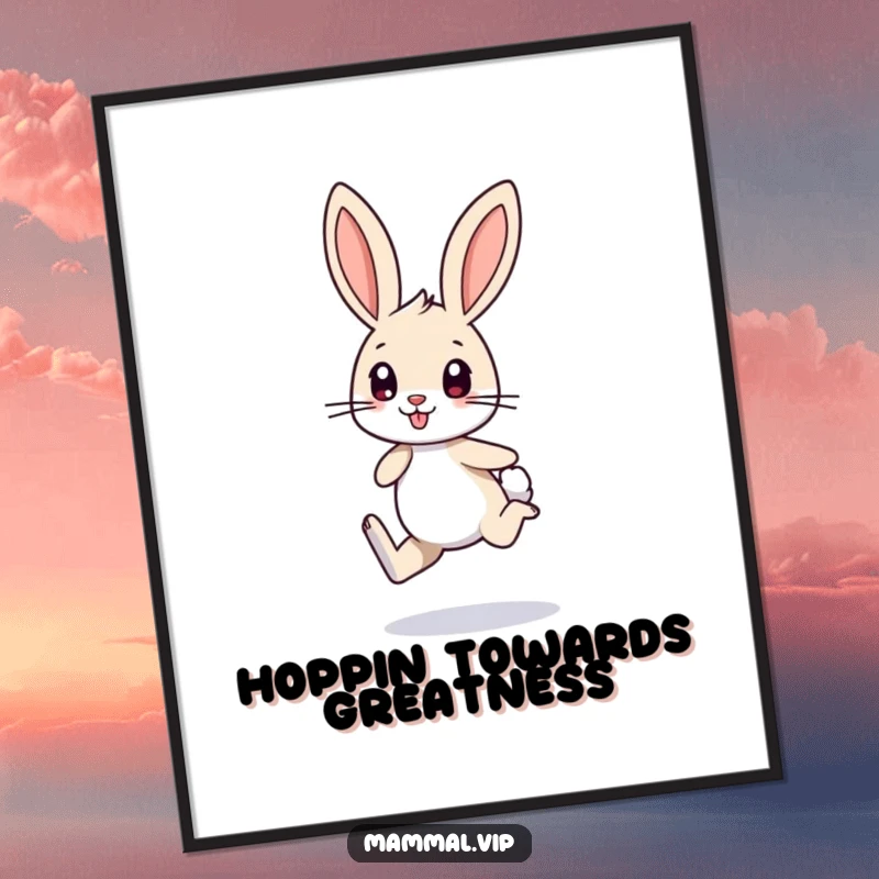 Funny poster featuring a small bunny character with long ears, energetically hopping on one leg, adding cute and lively decor.