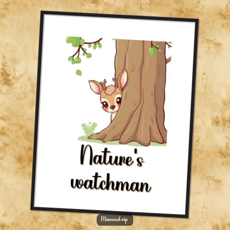 Funny deer illustration peeking from behind a tree, a humorous nature poster.