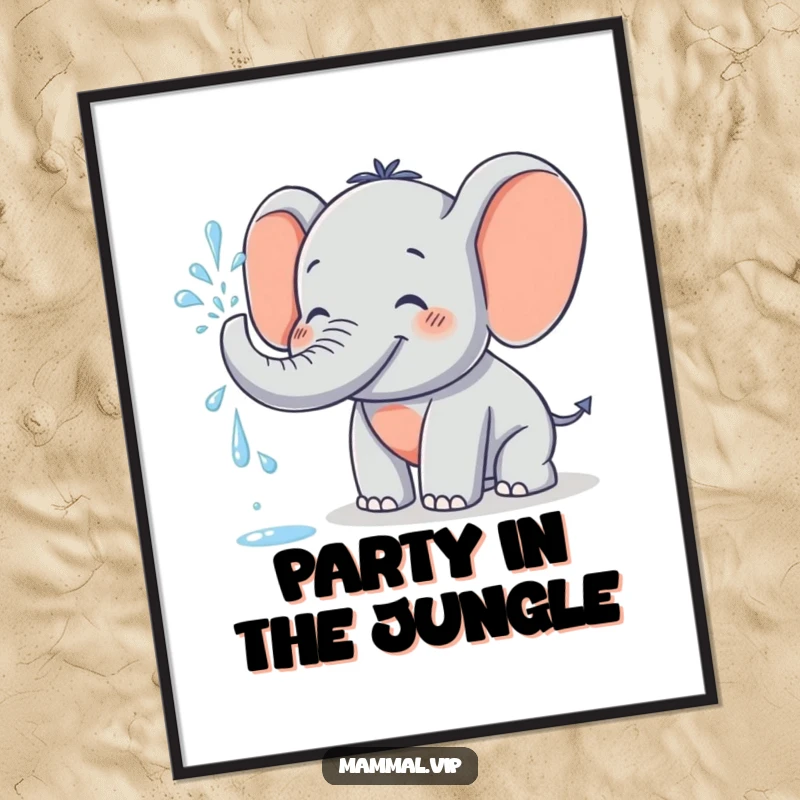 Funny Poster showcasing a grinning elephant character joyfully spraying water from its trunk, creating a dynamic and humorous focal point for any space.