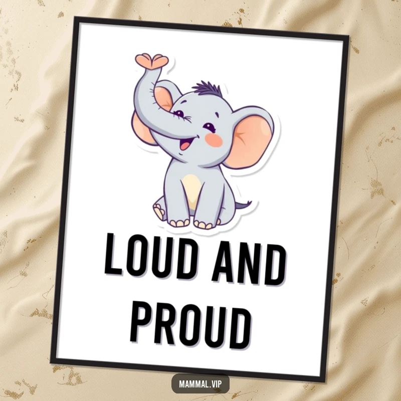 Funny Elephant Trumpet Poster: A joyful elephant trumpeting loudly, perfect for adding vibrant, celebratory energy to wall decor. Print.