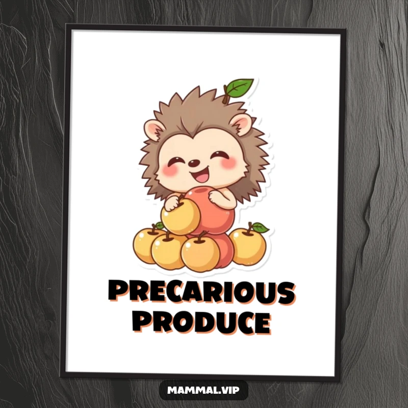 Funny hedgehog poster showcasing a grinning hedgehog attempting to balance a tall stack of apples, bringing whimsical humor to walls.