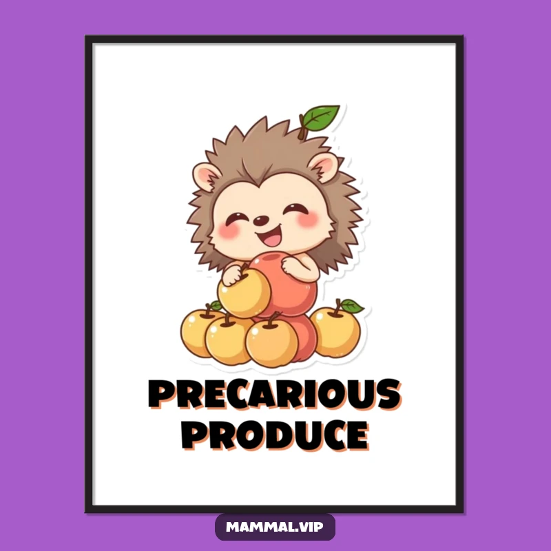 Funny Hedgehog Apple Poster: Grinning Balance Art, Charming Funny Gift