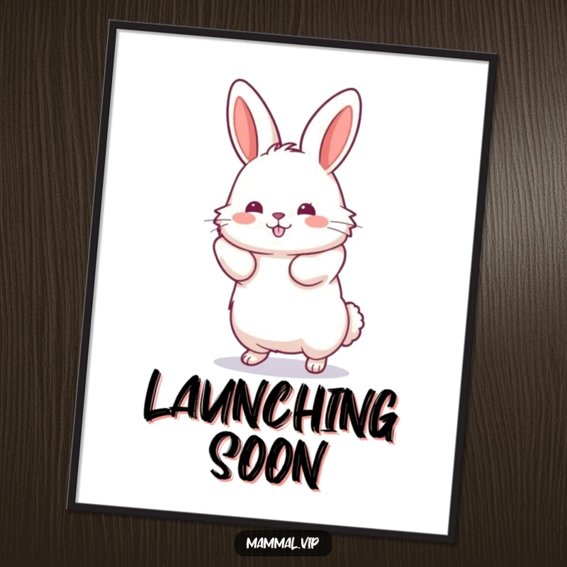 Funny Jumping Rabbit Poster capturing a fluffy rabbit mid-jump with hind legs extended, conveying excitement and playful movement.