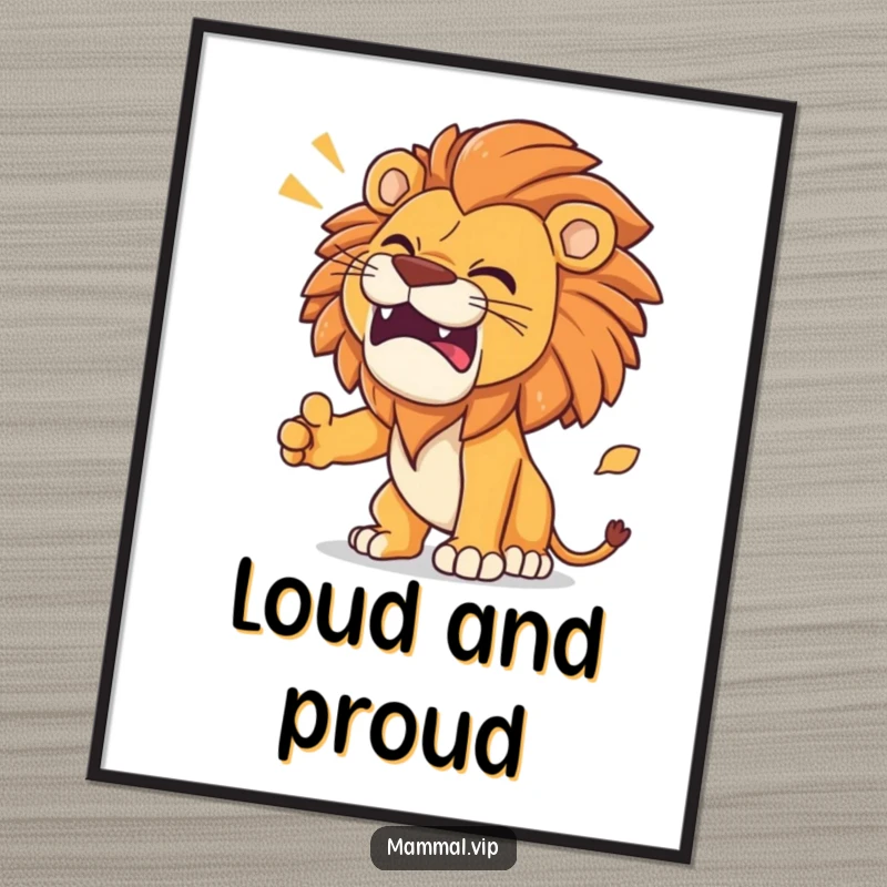 Funny Lion Poster capturing a determined lion in the act of roaring with funny, exaggerated sound effects depicted.