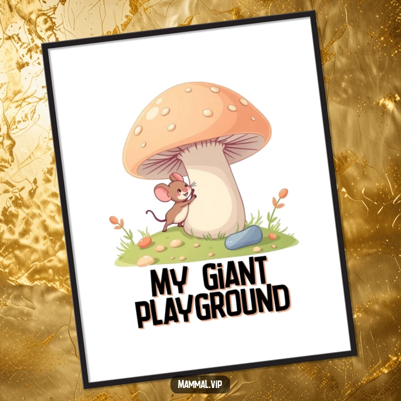 Funny tiny mouse poster featuring a character excitedly exploring a giant mushroom, adding whimsical charm and humor to wall decor.