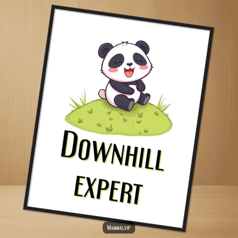 Funny poster showcasing a panda character rolling down a lush green hill, its giggles almost audible, creating a scene of pure delight.
