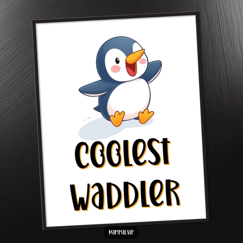 Funny penguin poster of an excited character waddling down a snowy slope, perfect for adding humorous and festive winter decor to any wall.
