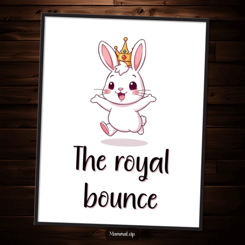 Funny poster: a cheerful rabbit wearing a crown, mid-hop, radiating pure joy and enthusiasm.