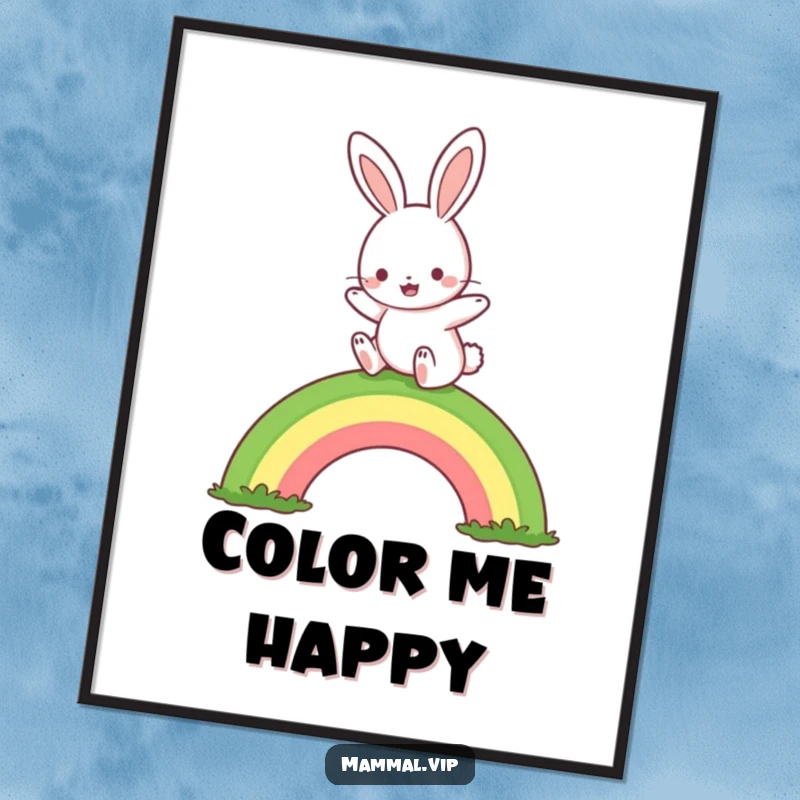 Funny rabbit rainbow hop poster, featuring a cute character joyfully hopping over a rainbow, cheerful wall decor and funny gift.