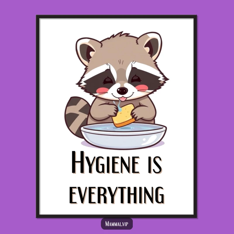 Funny Raccoon Washing Food Poster - Meticulous Art for a Clean Laugh