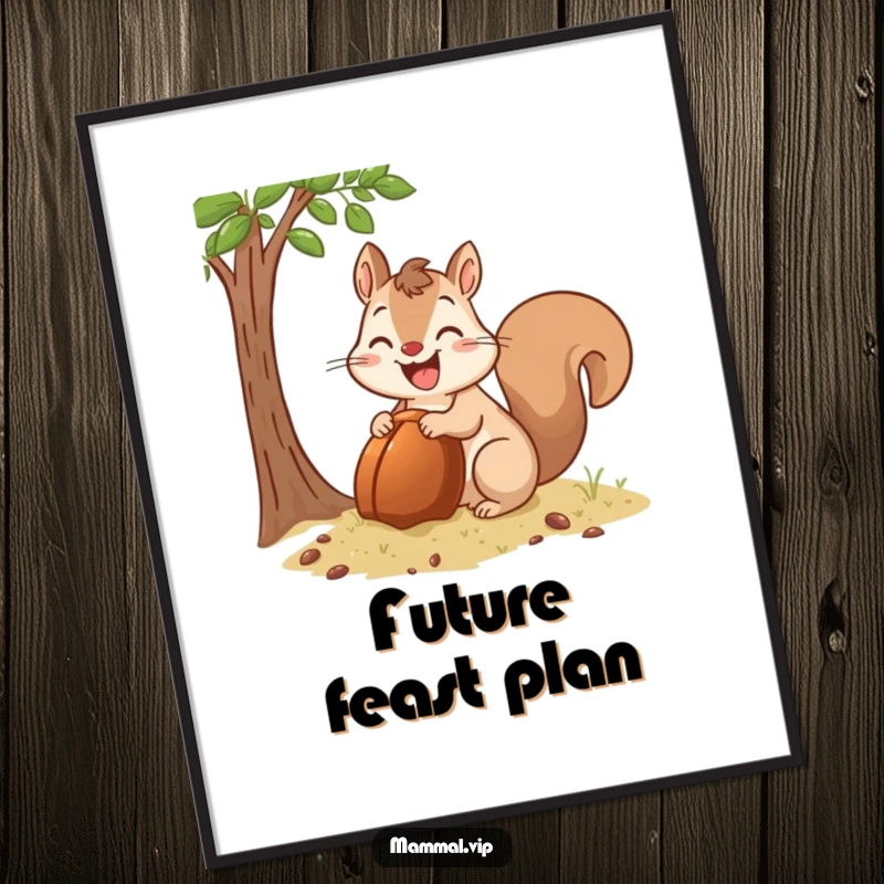 Funny Poster of a happy squirrel character enthusiastically burying a giant acorn, conveying diligence and a sense of accomplishment.