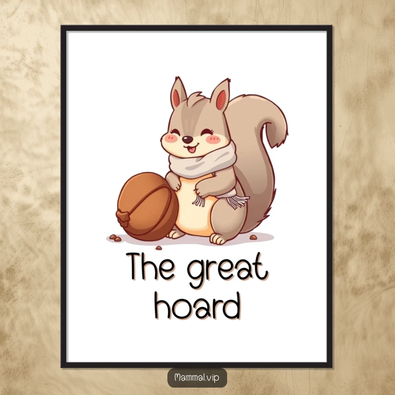 Funny poster: a happy squirrel in a scarf burying a large nut, capturing winter's preparation.