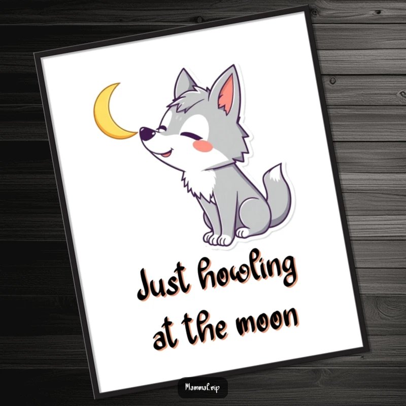 Funny Wolf Poster: A silly wolf character howls gleefully at a crescent moon, creating a humorous and eye-catching piece of art.