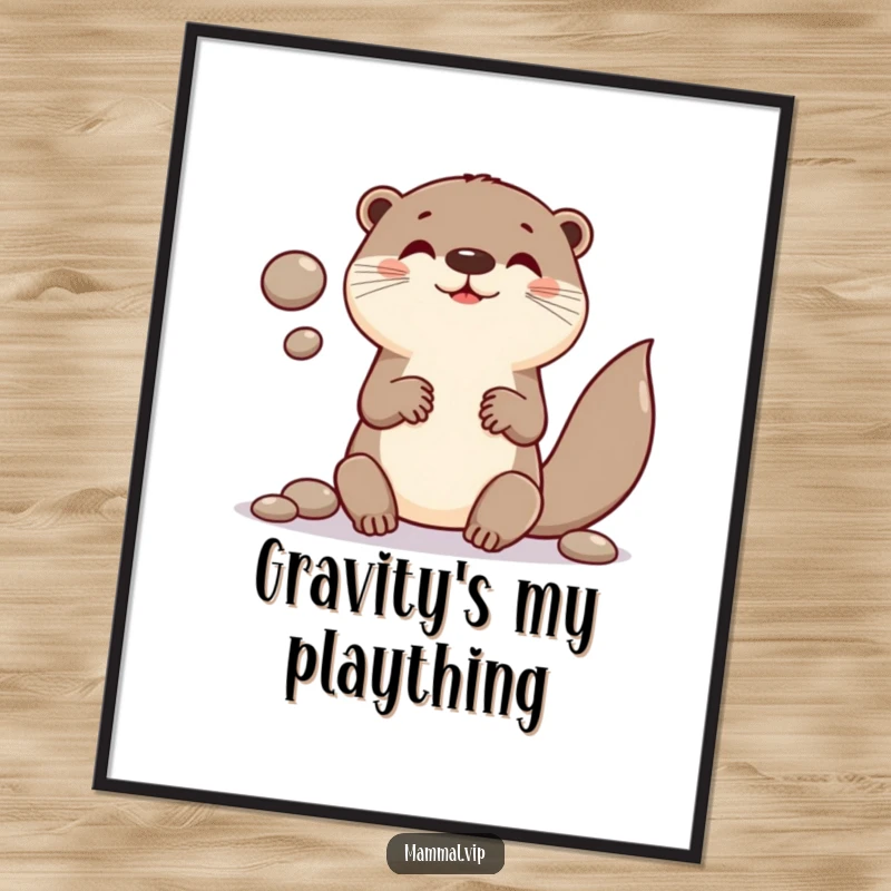 Funny poster showcasing a delightful otter character in the middle of a playful pebble juggling act.